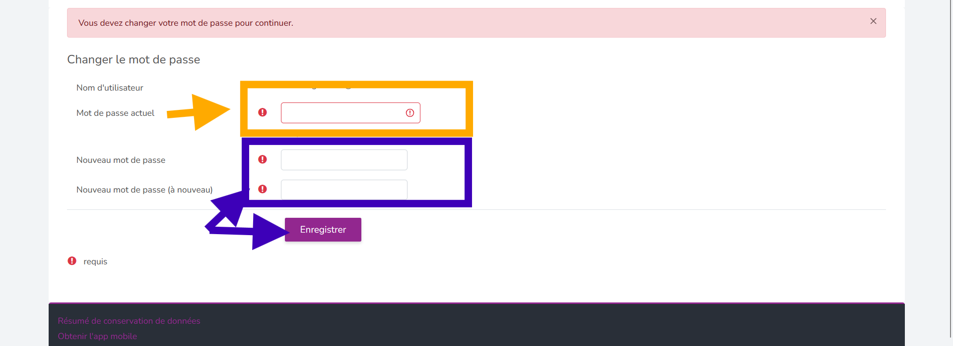 Changement de mot de passe